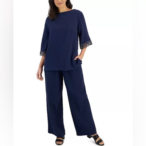 NWT JM Collection Cotton Gauze Top and Wide Leg Pants Set Navy Blue size XL - Picture 1 of 16